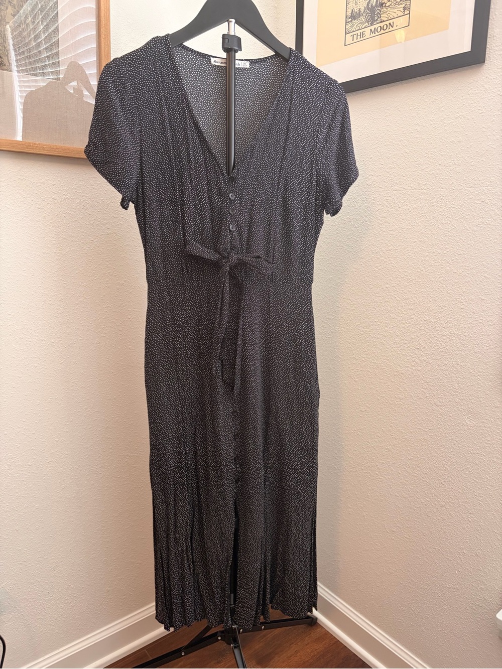 Abercrombie & Fitch Black Midi Dress with Tiny White Dot Print